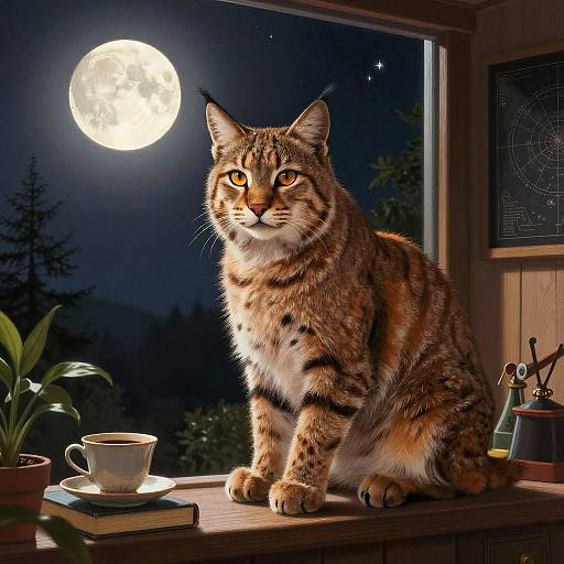 Bobcat Astronomer in Moonlit Observatory