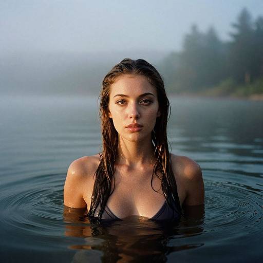 Photograph of a wet, brunette woman with striking features, wearing a black, low-cut top, standing in a calm, misty lake.