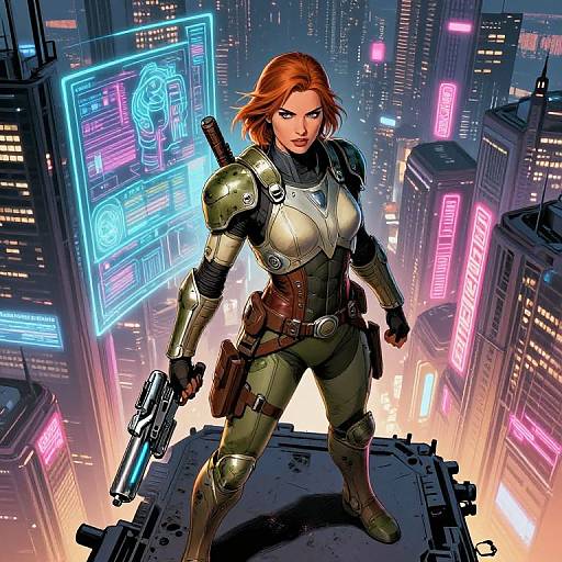 Digital comic-style artwork of a red-haired, armored woman with a gun, standing on a rooftop amidst a neon-lit, futuristic cityscape.