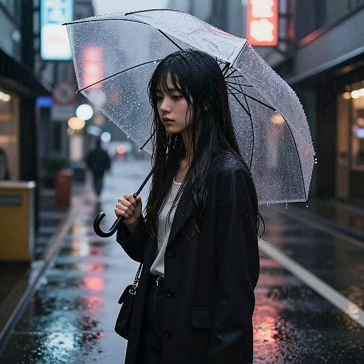 Photograph of a young Asian woman with wet black hair, wearing a black coat and white shirt, holding a translucent umbrella in a rainy urban street at