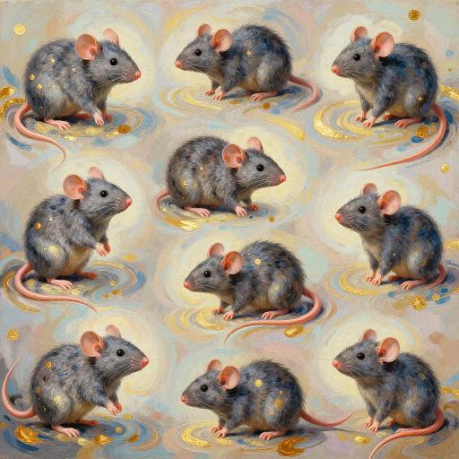 Digital artwork of nine grey mice with pink ears and tails, sitting in a swirling, colorful background with golden sparkles.