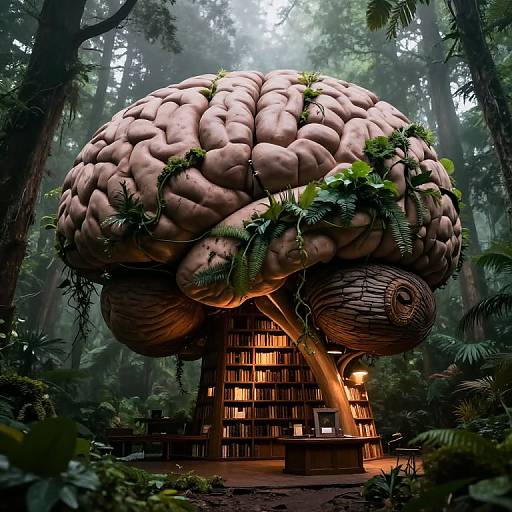 Photorealistic CGI of a giant, brain-shaped mushroom house with vines and ferns, illuminated from inside, in a dense, misty forest.