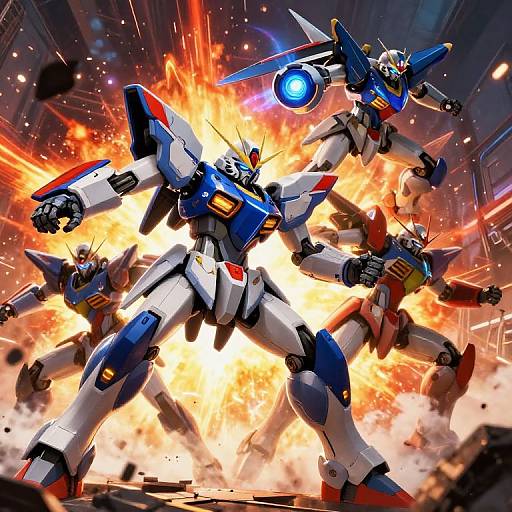 Dynamic CGI image of four robotic mechas in battle, surrounded by explosive fire and debris, featuring blue, white, and red colors.