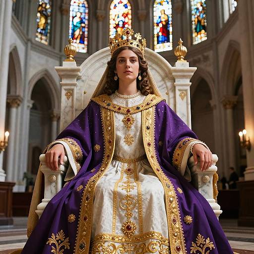 Photograph of a young woman with long brown hair, wearing an ornate purple and gold royal robe, crown, and white gown, seated on a