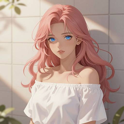 Digital anime-style portrait of a pink-haired woman with bright blue eyes, wearing an off-shoulder white top, bathed in sunlight.