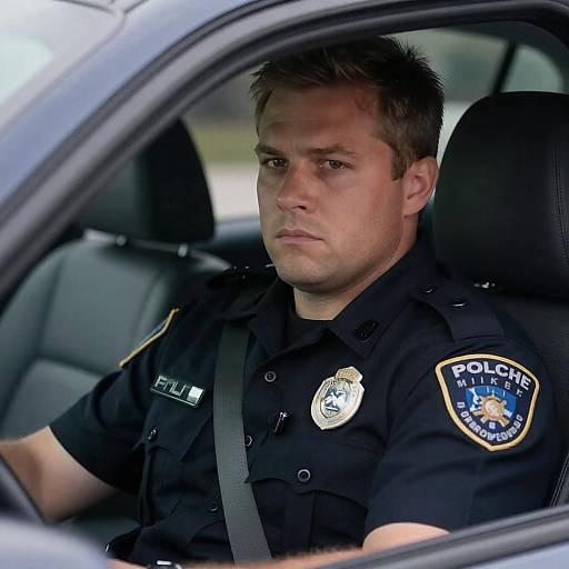 Serious Police Officer in Car Interior