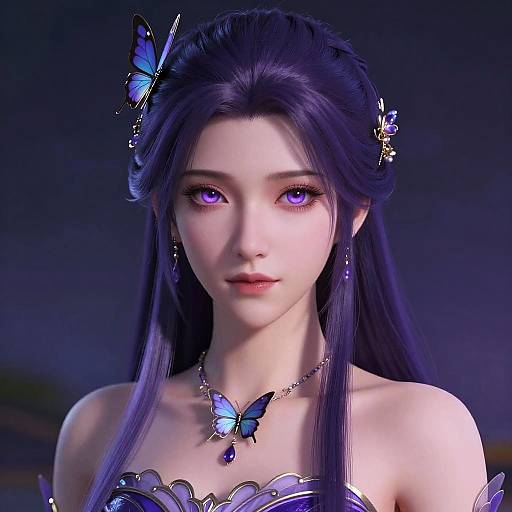Digital art of a beautiful, pale-skinned anime woman with long purple hair, purple eyes, and butterfly hairpieces, wearing a butterfly necklace and strap