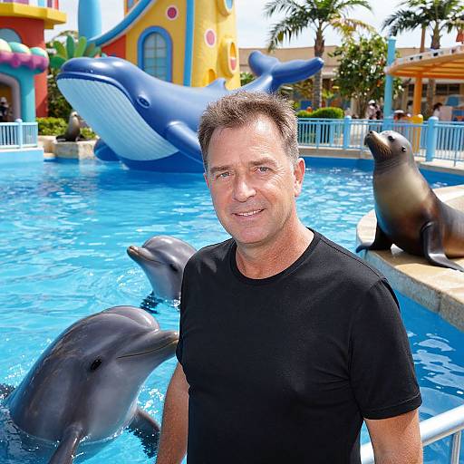 Middle-aged man in black shirt standing in dolphin-themed water park with colorful buildings, whales, and dolphins in the background.