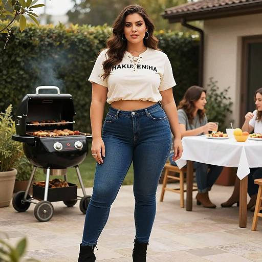 Woman in Crop Top and Skinny Jeans at BBQ Party