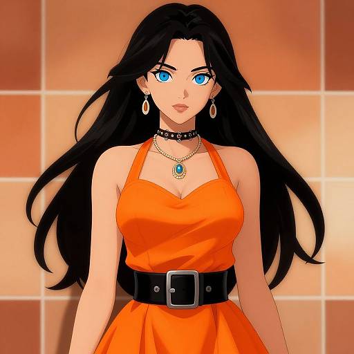 Digital anime-style drawing of a woman with long black hair, blue eyes, wearing an orange dress, black choker, and belt, with a tiled