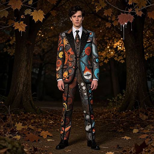 Photograph of a young man in a vibrant, psychedelic-patterned suit with colorful swirls and shapes, standing in a dark, autumnal forest.
