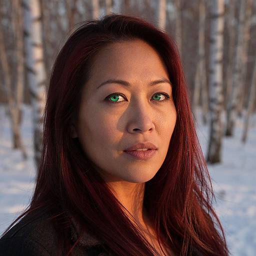 Photograph of an Asian woman with long, dark red hair, green eyes, and light brown skin, standing in a snowy birch forest.