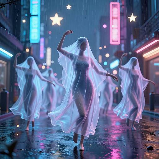 Digital artwork of ethereal, glowing, white-robed women dancing in a neon-lit, rainy city street at night, surrounded by neon signs and