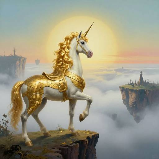 Digital painting of a golden armored unicorn with a glowing horn, standing on a cliff amidst clouds, with sunlit sky and floating islands in the background.