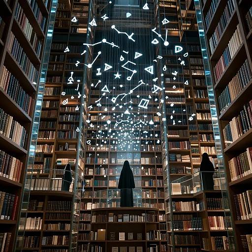 Photograph of a grand library with towering shelves filled with books, illuminated by glowing, abstract white light sculptures overhead.