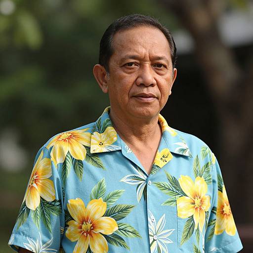 Photograph of an older Asian man with short black hair, wearing a blue Hawaiian shirt with large yellow and green floral patterns, standing outdoors against a blurred