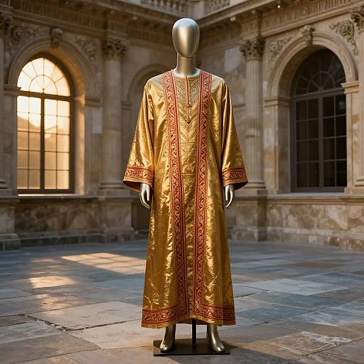 Photograph of a faceless mannequin wearing a gold, red-embroidered, medieval-style robe in an ornate, sunlit stone