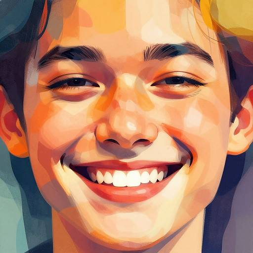 Close-up digital painting of a smiling young boy with bright orange-yellow highlights, dark brown hair, and vibrant red lips. Bright, colorful, and joyful