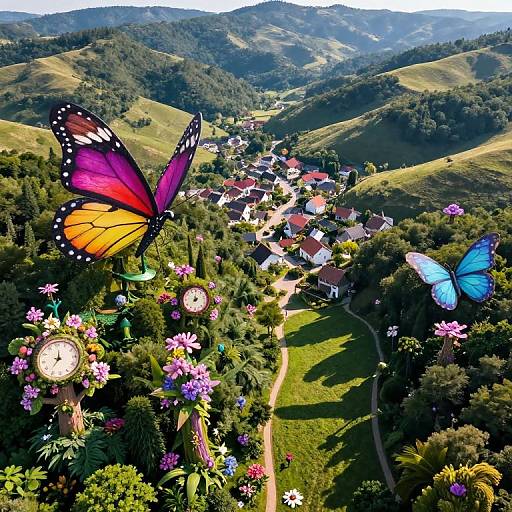 Surreal Village with Whimsical Butterflies