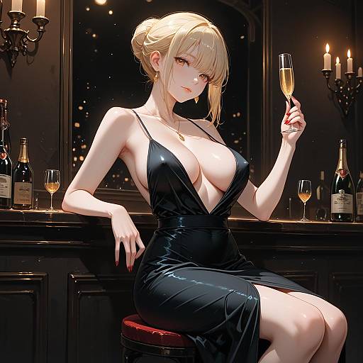 Blonde woman in black dress with champagne