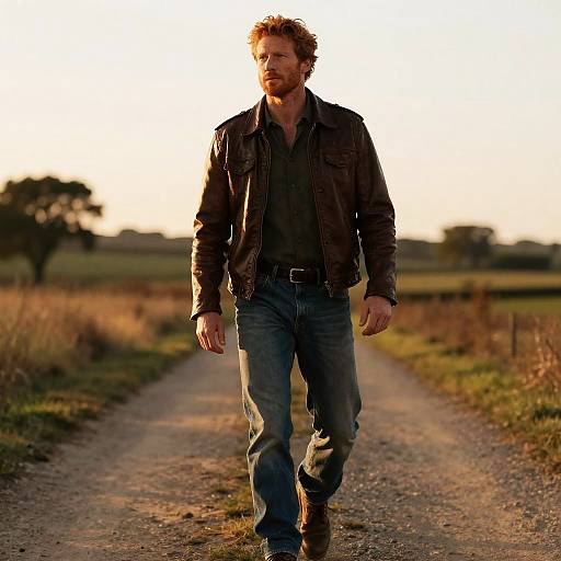 Photograph of a rugged, bearded man with tousled brown hair, wearing a black leather jacket and blue jeans, walking down a sunlit,