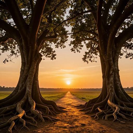 Majestic Trees with Golden Sunset Path
