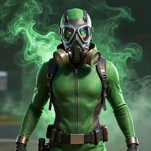 CGI image of a muscular man in a green gas mask and jumpsuit, with green smoke, wearing gas masks on his chest.