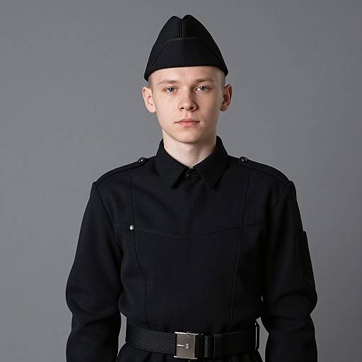 Photograph of a young, fair-skinned person with short hair, wearing a black military-style uniform and cap, against a gray background.