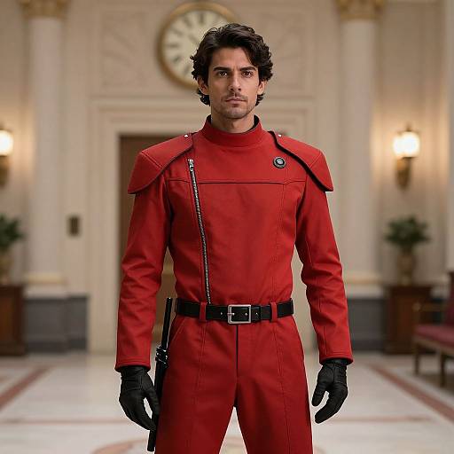 Photograph of a serious, dark-haired man in a red military-style uniform with black gloves, standing in an elegant, warmly lit hall.