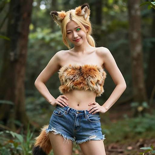 Smiling Blonde Furry in Denim Shorts