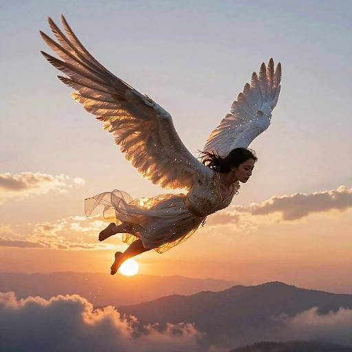 Winged Woman Flying at Sunset