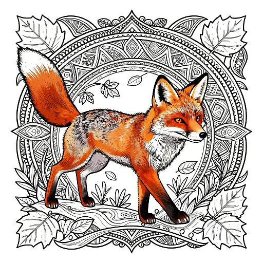 Colorful digital drawing of a vibrant red-orange fox with white-tipped tail, black legs, and pointed ears, surrounded by intricate black leafy patterns