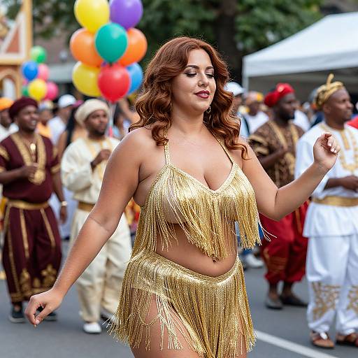 Photograph of a curvy, fair-skinned woman with wavy auburn hair, wearing a gold fringe bikini, dancing in a colorful parade