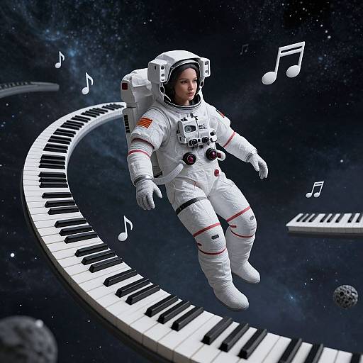 Digital art of an astronaut in a white spacesuit floating on a curved piano keyboard in space, surrounded by floating musical notes.