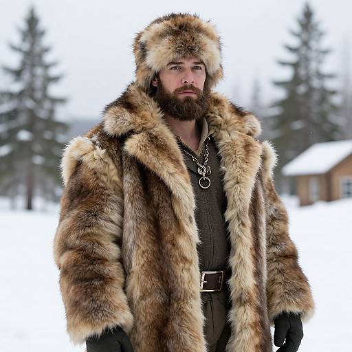 Photograph of a bearded man in a thick, brown and tan fur coat with a fur hat, standing in a snowy forest. He wears a