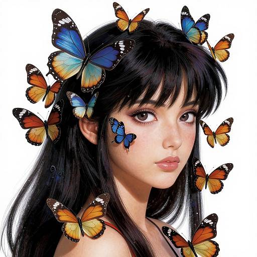 Digital painting of a young Asian woman with long black hair, surrounded by colorful butterflies (blue, orange) on a white background.