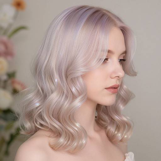 Photograph of a fair-skinned woman with silver, wavy, pastel hair, looking to the side, against a blurred floral background.