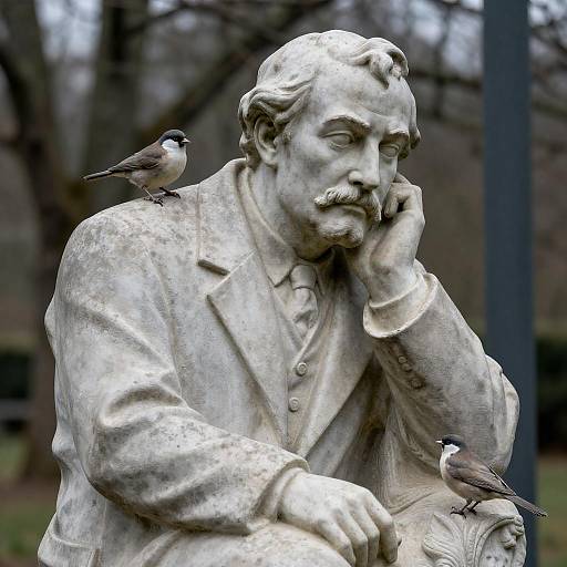 Thoughtful Elderly Man Statue with Birds