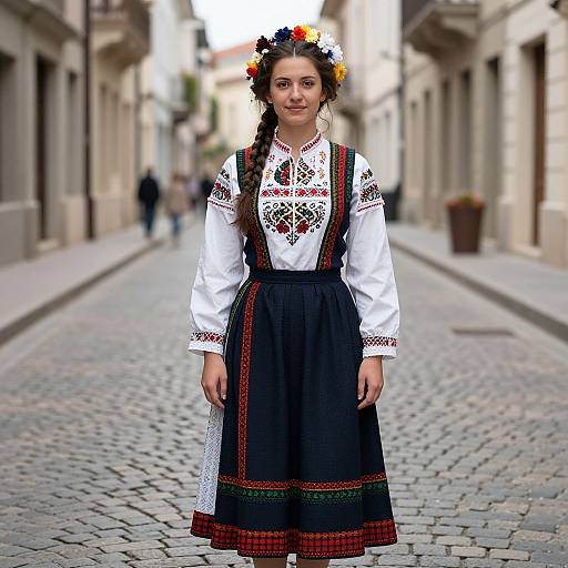 Photograph of a young woman with dark hair in a braid, wearing a white embroidered blouse, black skirt with red and green patterns, and floral
