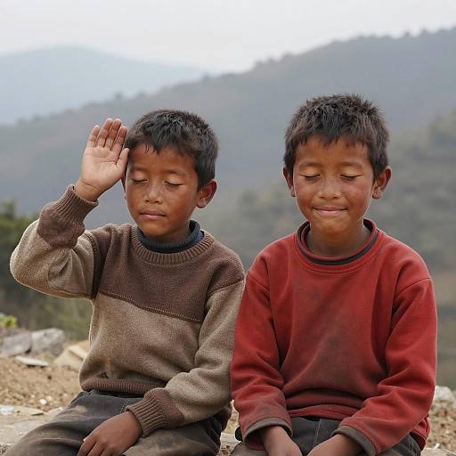 Two boys sitting outdoors in mountainous landscape