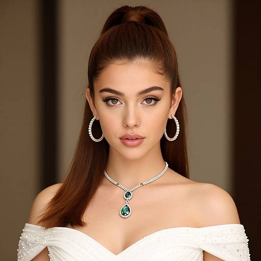 Photograph of a beautiful woman with fair skin, brown hair in a high ponytail, wearing hoop earrings, green gemstone necklace, and white off