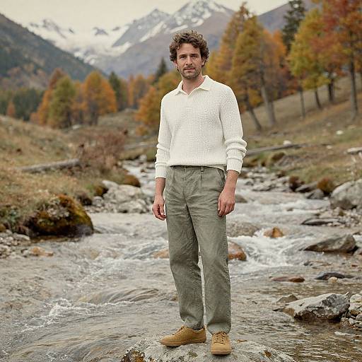 Photograph of a bearded man with curly brown hair, wearing a white sweater, green pants, and tan boots, standing in a rocky stream with