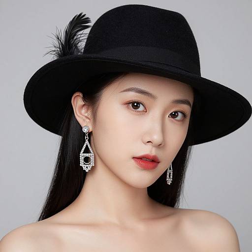 Photograph of an Asian woman with fair skin, wearing a black wide-brim hat with a feather, red lipstick, and intricate diamond earrings, against
