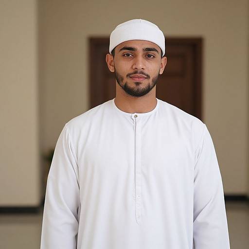 Photograph of a young Middle Eastern man with dark brown skin, black beard, wearing a white cap and long-sleeved white thobe, standing