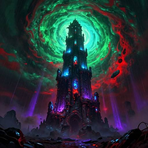 Digital fantasy artwork: Dark, glowing spire with blue and red lights, surrounded by swirling green and red cosmic vortex, set against a dark, mist