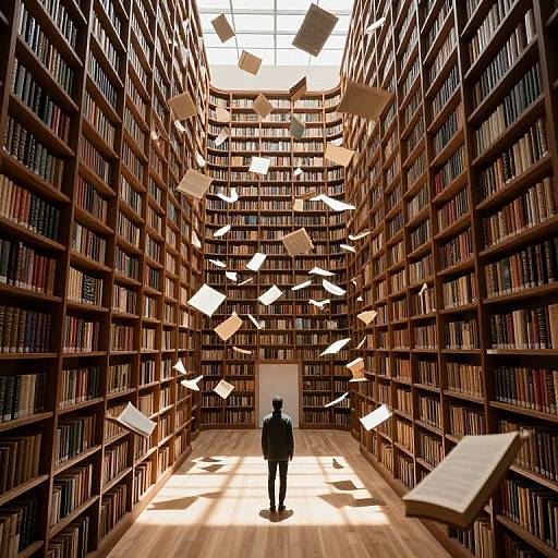 Photograph of a vast, dimly lit library with towering bookshelves and floating papers, a solitary figure in black stands at the center.