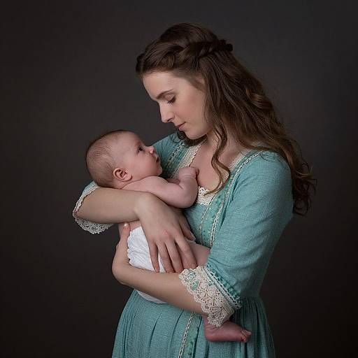 Photograph of a fair-skinned woman with long brown hair, wearing a blue lace-trimmed dress, gently holding a bald, fair-skinned