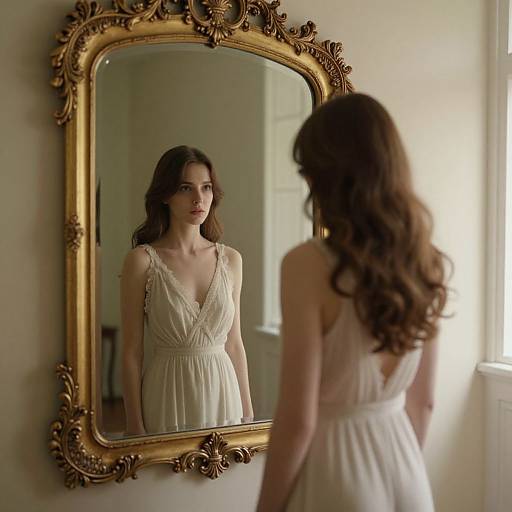 Photograph of a woman with long brown hair, wearing a white, sleeveless, V-neck dress, standing before an ornate, gold-framed