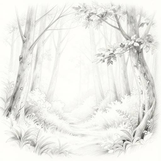 Black and white sketch of two trees with intricate branches and leaves, framing a blank white center, surrounded by grass.