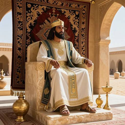 Photorealistic image of a bearded Middle Eastern king with dark skin and black hair, seated on an ornate throne, wearing white and gold robes